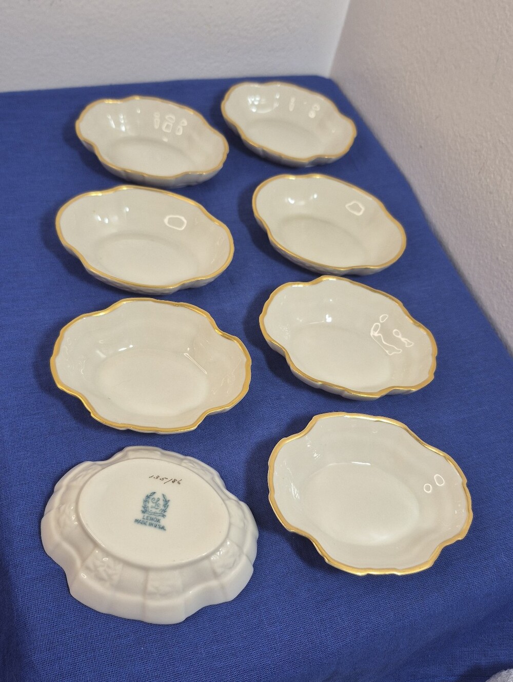 Set of 8 Lenox Open Salt Cellars Butter Pat Lemon Slice Dishes 4"x 3" Gold Trim